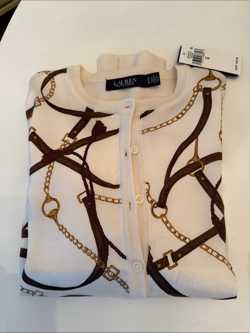 Lauren Ralph Lauren Cream Cardigan with Brown and Gold Equestrian Chain Print